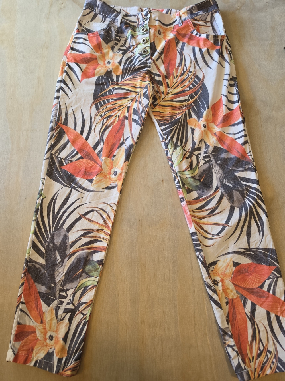 Venti6 Italy Tropical Floral Stretch Pants L Side Button Flap Cropped Skinny Gym